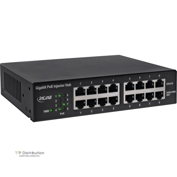 InLine&reg; PoE+ Gigabit Network Injector Hub 8 Port (8x PoE+), 1Gb/s, 19" 1U (brackets included), metal, without fan