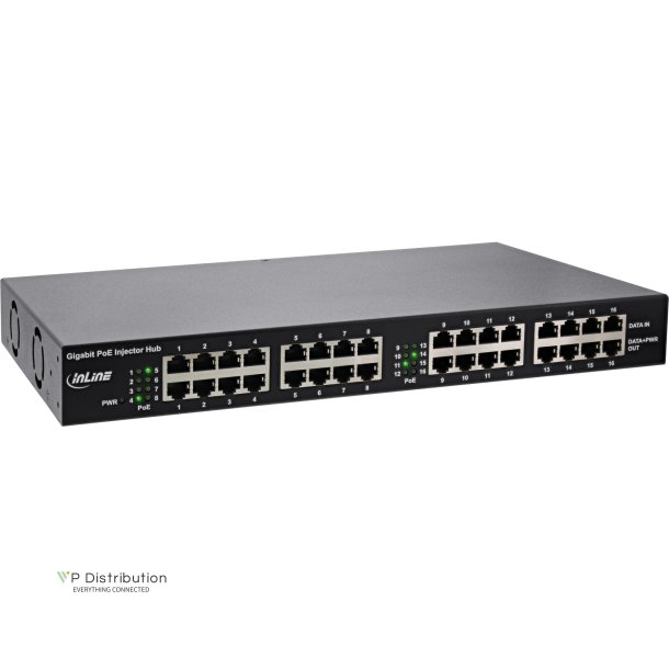 InLine&reg; PoE+ Gigabit Network Injector Hub 16 Port (16x PoE+), 1Gb/s, 19" 1U (brackets included), metal, 2 fans