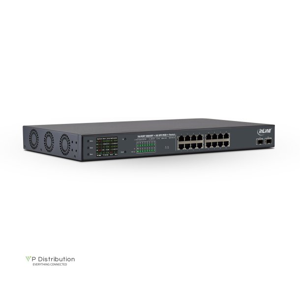 InLine&reg; PoE++ Gigabit Network Switch 16 Port, 1Gb/s, 2x SFP, 48,26cm (19" 1U, brackets incl.), Metal, fan control, w/display, password protection, 300