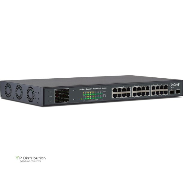 InLine&reg; PoE+ Gigabit Network Switch 24 Port, 1Gb/s, 2x SFP, 48,26cm (19" 1U, brackets included), Metal, fan control, with display, 420W