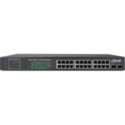 InLine&reg; PoE+ Gigabit Network Switch 24 Port, 1Gb/s, 2x SFP, 48,26cm (19" 1U, brackets included), Metal, fan control, with display, 420W