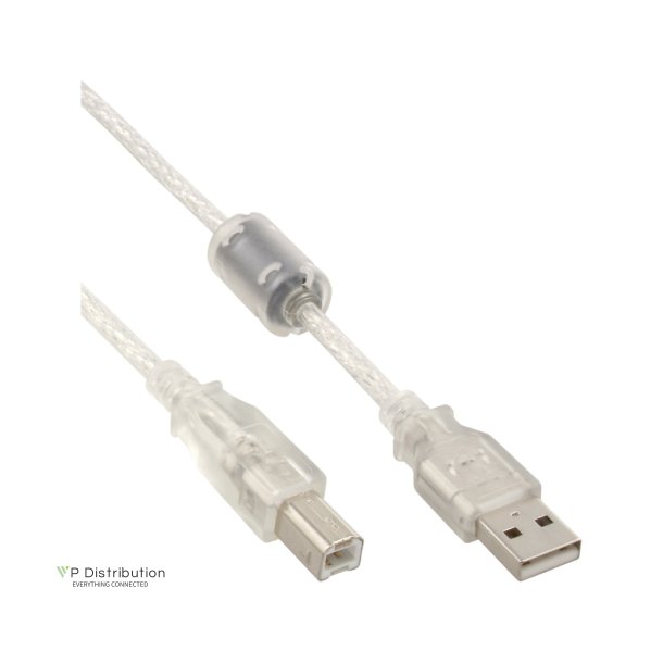 InLine USB 2.0 Cable Transparent Type A to B male ferrite choke 0.3m