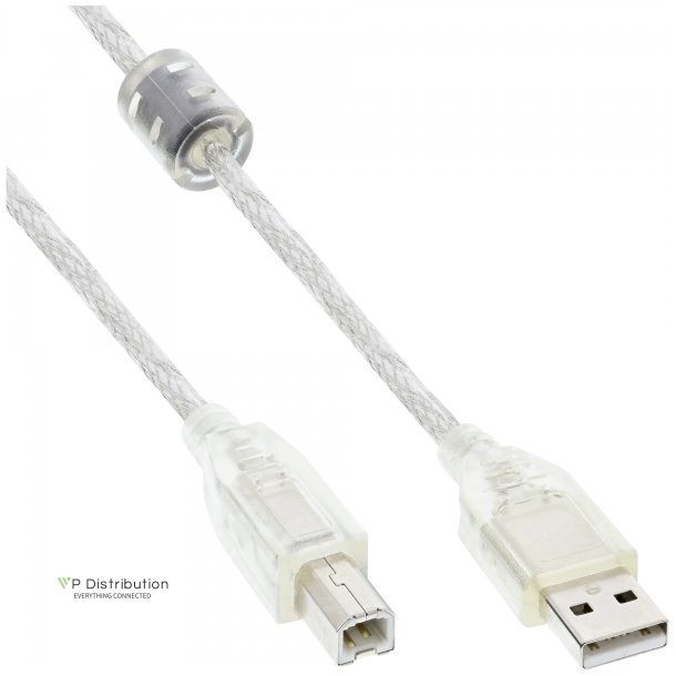 InLine USB 2.0 Cable Transparent Type A to B male ferrite choke 0.5m