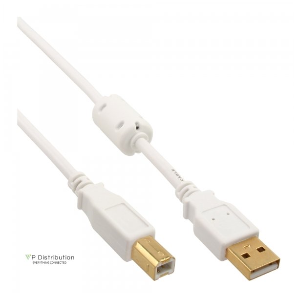 InLine USB 2.0 Cable Type A male to B male gold plated with ferrite choke white 0.5m