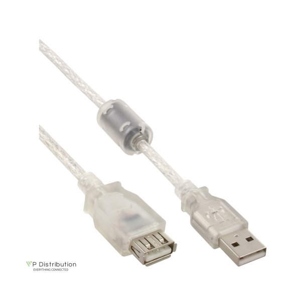 InLine USB 2.0 Extension Cable Transparent Type A to A female + ferrite choke 1m