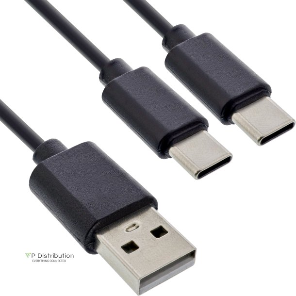 InLine&reg; USB 2in1 Y-charging cable, 1x USB-A male to 2x USB-C male, black 1m