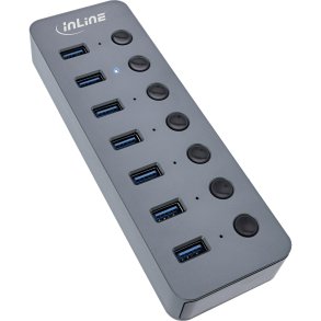 InLine USB 3.2 Gen.1 hub, 7-port, with switch, aluminium, grey, with power supply unit