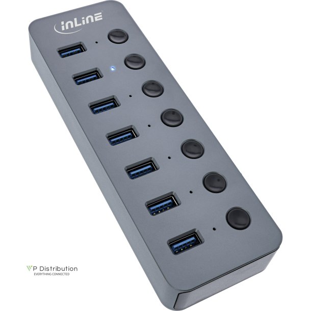 InLine USB 3.2 Gen.1 hub, 7-port, with switch, aluminium, grey, with power supply unit