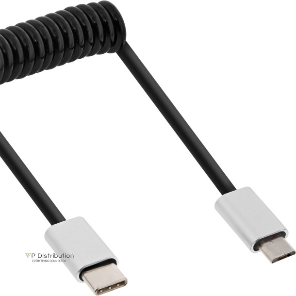 InLine USB 2.0 spiral cable, Type C plug to Micro-B plug, black/alu, flexible, 2m