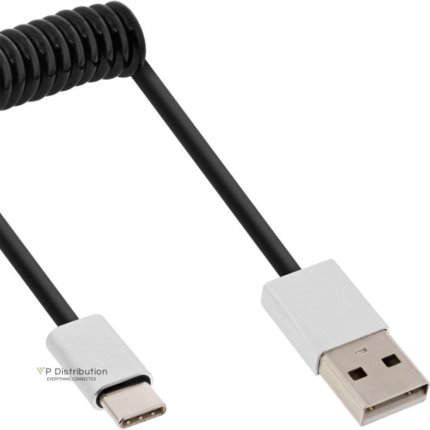 InLine USB 2.0 spiral cable, Type C plug to A plug, black/alu, flexible, 1m