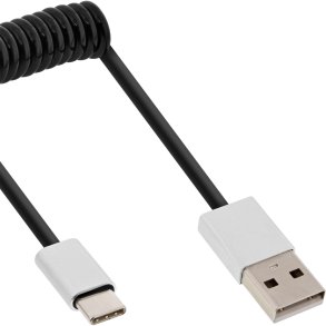 InLine USB 2.0 spiral cable, Type C plug to A plug, black/alu, flexible, 2m