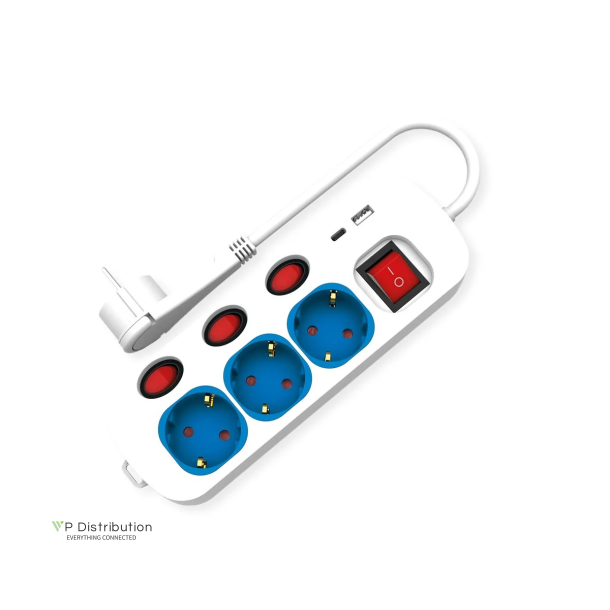 ROLINE Table PowerStrip 3x, +Sw, colored 1x A + 1x C, CEE7/7, Blue, 1.5m
