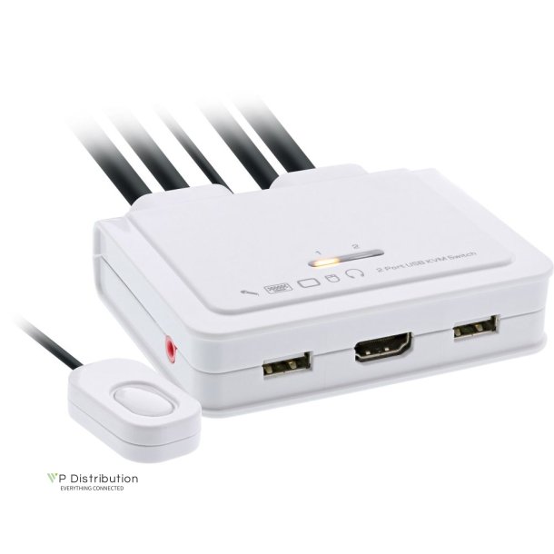 InLine KVM Switch, 2-port, USB-C + HDMI to HDMI, 4K, with audio, integrated cable