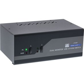 InLine Desktop KVM Switch, 2-port, Dual Monitor, Displayport 1.2 + HDMI 2.0, 4K, USB 3.0, Audio