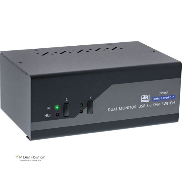 InLine Desktop KVM Switch, 2-port, Dual Monitor, Displayport 1.2 + HDMI 2.0, 4K, USB 3.0, Audio