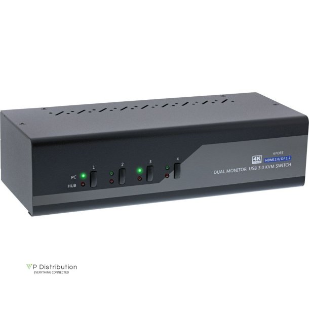 InLine KVM Desktop Switch, 4-port, Dual Monitor, DP 1.2+HDMI 2.0, 4K, USB 3.0, Audio