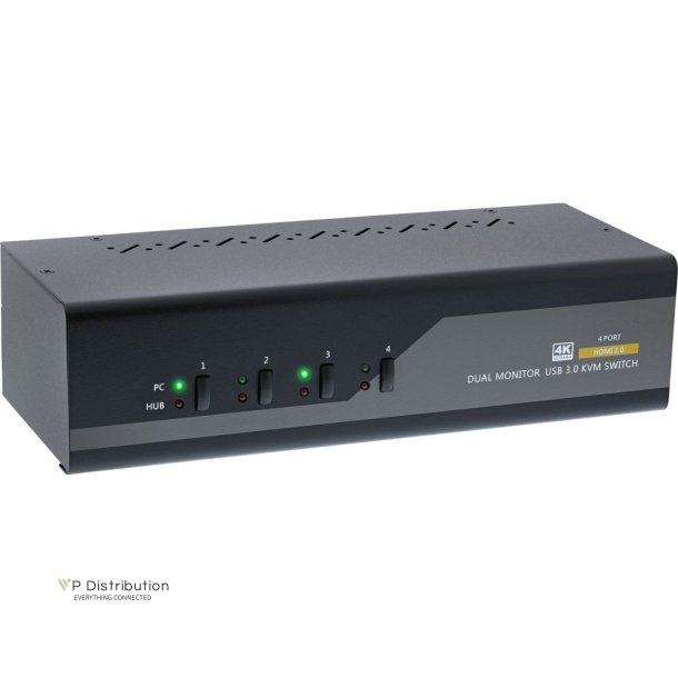 InLine KVM Desktop Switch, 4-port, Dual Monitor, HDMI 2.0, 4K, USB 3.0, Audio