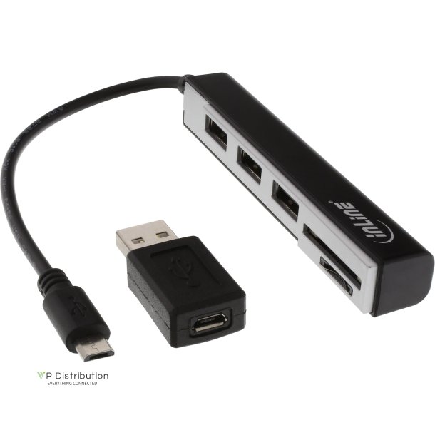 InLine&reg; USB OTG Cardreader &amp; 3 Port USB 2.0 Hub for SDXC &amp; microSD + adapter