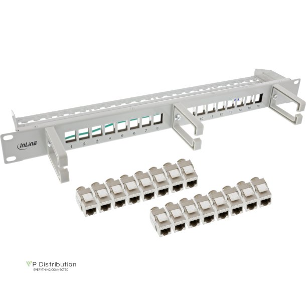 InLine&reg; Patch panel Cat.6A 16-way, with 3 brackets, 16 keystones, 19", 1U, grey