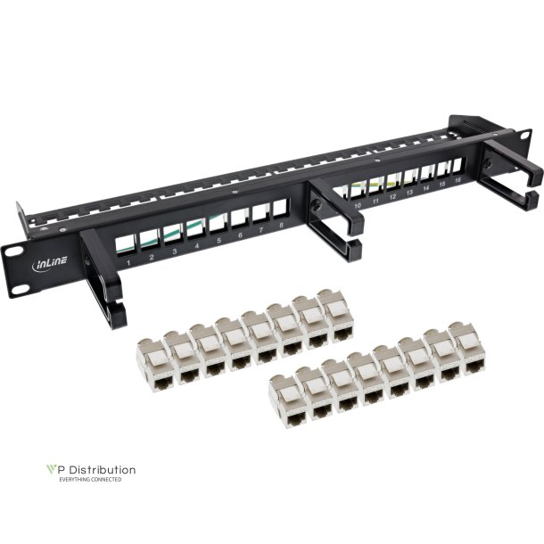 InLine&reg; Patch panel Cat.6A 16-way, with 3 brackets, 16 keystones, 19", 1U, nero