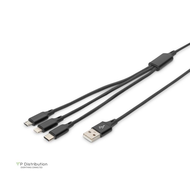 Digitus USB charger cable, 1m 3 in 1 cable, nylon braid, black