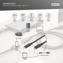 Digitus USB Type-C extension cable, Type C M/F, 1.5m, 3A, 480MB, Version 2.0, bl