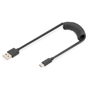 Digitus USB Í Type A to USB Í Type C Spring cable TPE USB 2.0, PD60W Max; 1m