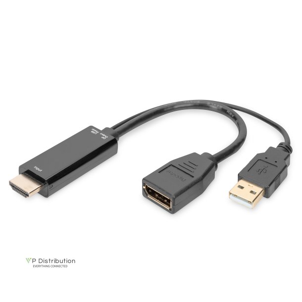 Digitus HDMI Adapter, Type HDMI - DP M/M, 0.3m, ext. Power supply, 4K@30Hz, bl