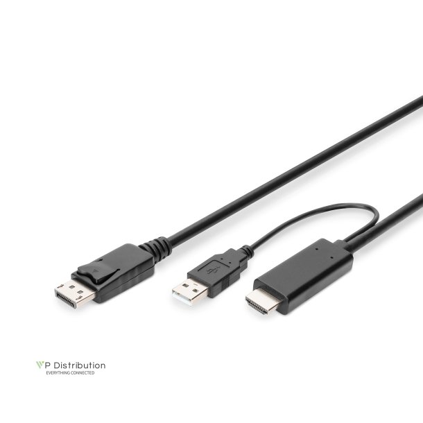 Digitus HDMI to DP Adapter Cable, ext. Power via USB - A 2.0m, Ultra HD, 4K@30Hz, bl