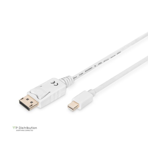 Digitus DisplayPort Connection Cable, Type mini  DP - DP M/M, 1.0m, w/interlock, Full HD, DP 1.1a conf., wh