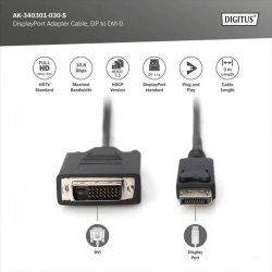 Digitus DisplayPort Adapter Cable, Type DP-DVI (24+1) M/M, 3.0m, w/interlock, DP 1.1a, bl