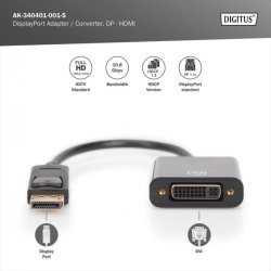 Digitus DisplayPort Adapter Cable, Type DP-DVI (24+5) M/F, 0.15m,w/interlock, DP 1.1a, bl