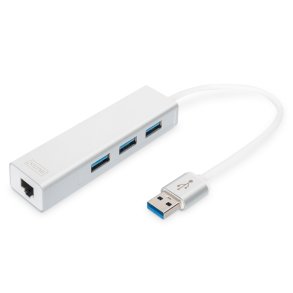 Digitus USB 3.0, 3-ports HUB & Gigabit LAN adapter 3xUSB A/F,1xUSB A/M,1xRJ45 LAN, Win/Mac OS