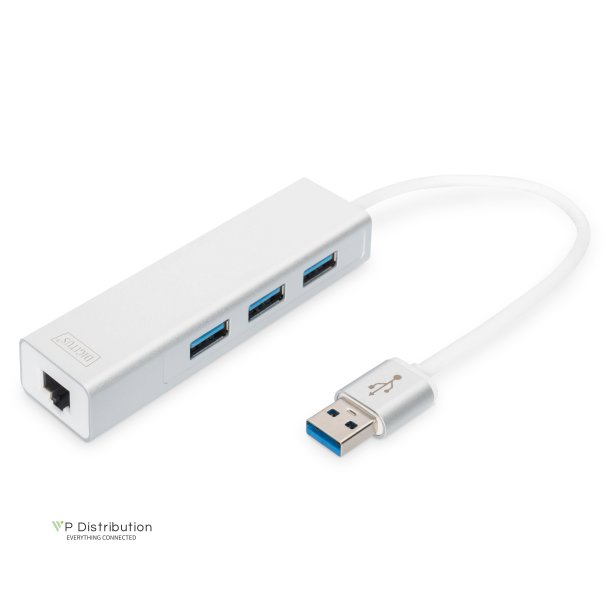 Digitus USB 3.0, 3-ports HUB &amp; Gigabit LAN adapter 3xUSB A/F,1xUSB A/M,1xRJ45 LAN, Win/Mac OS