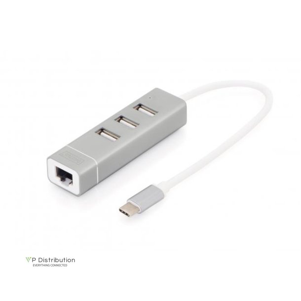 Digitus USB 2.0 Type-C 3-Port HUB &amp; Fast Ethernet LAN 3x USB A/F, 1x RJ45 Lan, Chipset: FE1.1S/RTL8152B