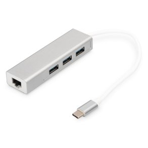 Digitus 3 Port USB 3.0 Type-C Hub with Gigabit Ethernet 3xUSB A/F,1xUSB C/M,1xRJ45 LAN, Win/Mac OS