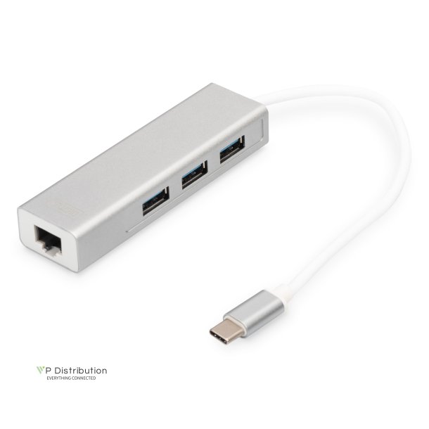 Digitus 3 Port USB 3.0 Type-C Hub with Gigabit Ethernet 3xUSB A/F,1xUSB C/M,1xRJ45 LAN, Win/Mac OS