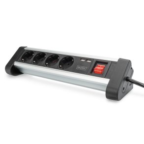 Digitus 4-way Office Power Strip with 2x USB On/Off Switch, Alu-housing, USB out: 5V/2A, bl/si