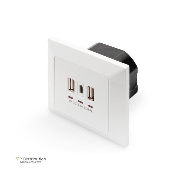 Digitus Wall Outlet, 2x USB 1x USB Type C 5V 3.1A, Input: AC250V 50HZ, RAL 9003