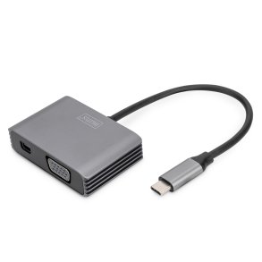 Digitus USB-C - mini DP + VGA Adapter, 20 cm 4K/30Hz, silver, aluminum housing