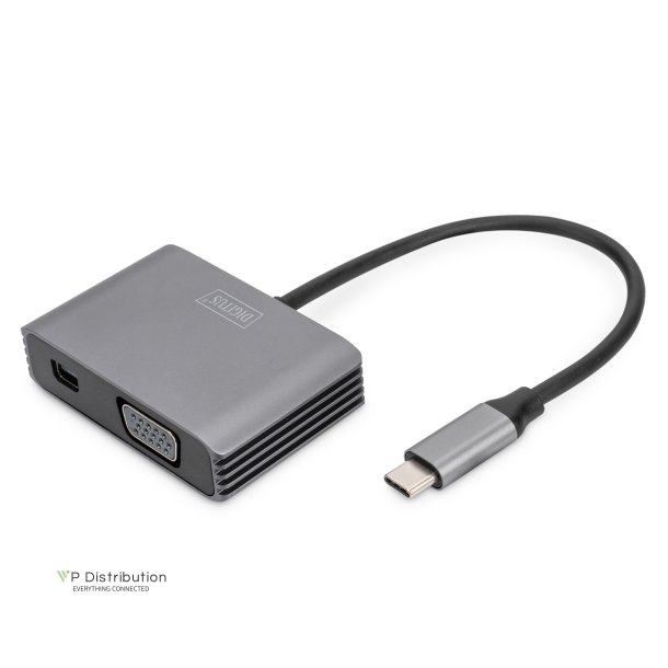 Digitus USB-C - mini DP + VGA Adapter, 20 cm 4K/30Hz, silver, aluminum housing