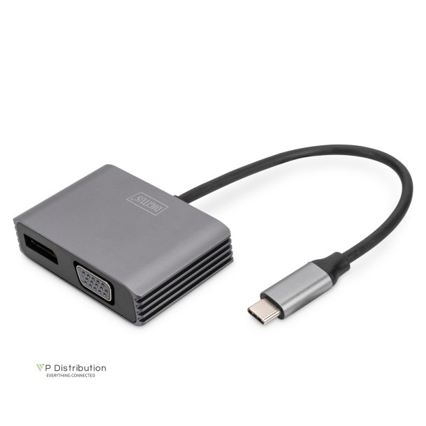 Digitus USB-C - DP + VGA Adapter, 20 cm 4K/30Hz, silver, aluminum housing