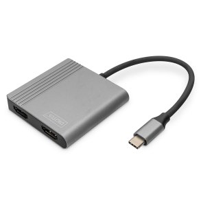 Digitus USB-C - 2x HDMI Adapter, 18 cm 4K/30Hz, Silver, Aluminium housing