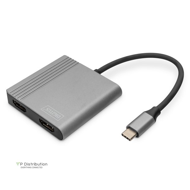 Digitus USB-C - 2x HDMI Adapter, 18 cm 4K/30Hz, Silver, Aluminium housing