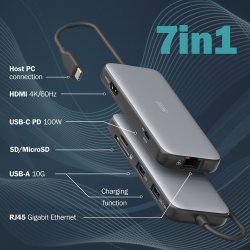 USB-C Docking Station, 7-Port, 1x HDMI 3x USB 3.2 Gen 2, 1x RJ45, 1x SD,1x MicroSD, 1x PD