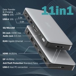 USB-C Docking Station, 11-Port, 2x HDMI, 1x DP 2x USB-A, 1x USB-C, 1x RJ45, 1x DC, 1x Audio