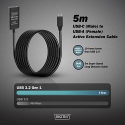 Active USB-C Extension Cable, 5m 5G, USB 3.2 Gen1, USB-C - USB-A (M/F)