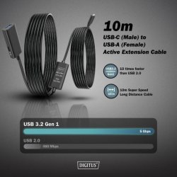 Active USB-C Extension Cable, 10m 5G, USB 3.2 Gen1, USB-C - USB-A (M/F)