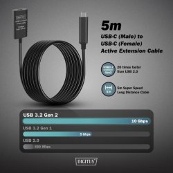 Active USB-C Extension Cable, 5m 10G, USB 3.2 Gen2, USB-C - USB-C (M/F)