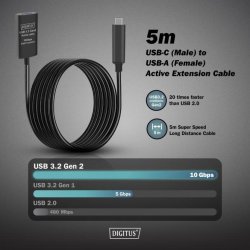 Active USB 3.2 Gen2 10G extension cable, USB-C - USB-A, 5m